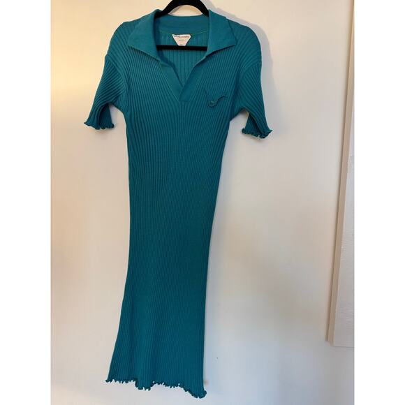 Bottega Veneta Duck Green Ribbed Wool Midi Dress S In Turquoise - Picture 2 of 6